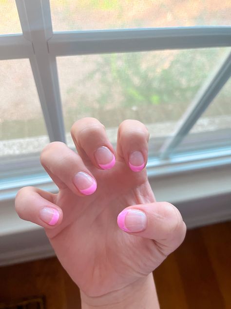 Cute Short Nail French Tip, Super Short Almond Nails French Tip, Short Nail Pink French Tip, Gel Pink French Tip, Hot Pink French Tip Nails Almond Short, French Tip Nails For Kids, Pink French Tip Short Nails, Really Short French Tip Nails, Gel Nail Inspo Simple