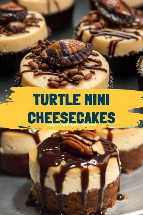 These Mini Turtle Cheesecakes are a showstopper! With a luscious cheesecake filling, gooey caramel, rich chocolate, and a sprinkle of crunchy pecans, these mini cheesecakes offer the ultimate dessert experience in every bite. Nutella Mini Cheesecakes, Mini Turtle Cheesecake Recipe, Cheesecake Sampler Ideas, Mini Pineapple Cheesecake, Cheesecake Tarts Mini, Turtle Cheesecake Recipe Easy, Individual Cheese Cakes, Mini Turtle Cheesecake, Nutter Butter Cheesecake