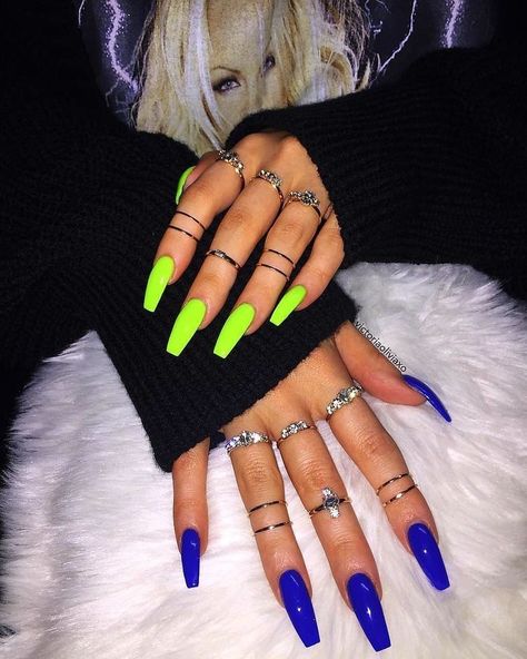 💣 pins ⚠️@ClawPrint 🐾 on Pinterest #nails #nailart #naildesigns #manicure #acrylicnails #fallnails Simple Neon Nails, Bright Manicure, Nails And Rings, Bright Acrylic Nails, Simply Nailogical, Different Color Nails, Halloweenský Makeup, Teen Nails, Video Makeup