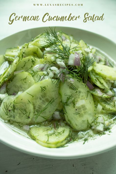 This cucumber salad, in German called Gurkensalat, with fresh dill and a traditional sweet and sour dressing is my grandmother's go-to side for Schnitzel. It is a fantastic light and crisp side salad which can be combined with many different dishes and takes minutes to prepare. Perfect side for BBQs, all kinds of meat and fish! #Germanfood #Germanrecipes #cucumbersaladwithdill #sweetandsourdressing #germancucumbersalad Dill Cucumber Salad, Dill Salad Recipe, Sweet And Sour Dressing, Dill Cucumber, Salad Art, Appetizer Cups, German Cucumber Salad, Dill Salad, Cucumber Dill Salad