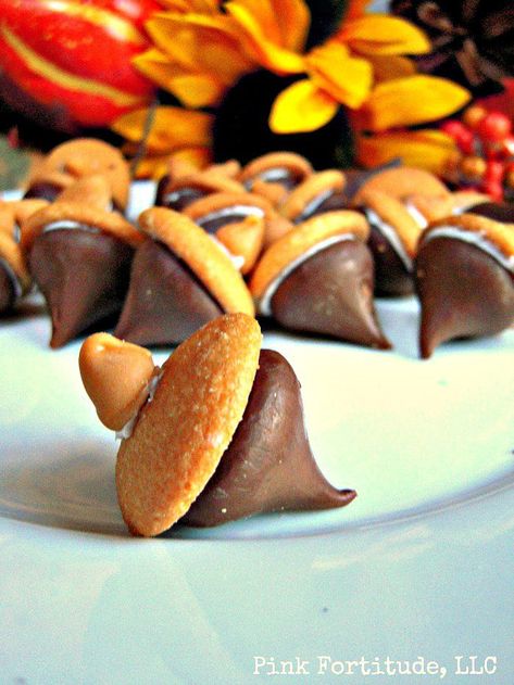 Hershey Kisses make these adorable acorn treats a special snack for the entire family.  I saw this in a promotional flyer for Hershey Kisses at the commissary and knew I had to share these with you!  I lived and worked in Hershey, PA for many years, so I love to make anything with Hershey Kisses.  And yes, the town’s street lights were really shaped like Hershey Kisses! Acorn Treats, Easy Thanksgiving Dessert Recipes, Acorn Cookies, Thanksgiving Desserts Easy, Chocolate Peanut Butter Cookies, Thanksgiving Food Desserts, Thanksgiving Treats, Easy Thanksgiving, Thanksgiving Desserts