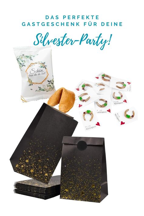 Mache deine Silvesterparty unvergesslich mit einem kreativen Gastgeschenk! Einfach schwarze Papiertüten (natürlich mit Glitzer) mit einem kleinen Hufeisen und einem Glückskeks füllen und den Gästen überreichen, wenn die Party vorbei ist.  Ein funkelnder Abschluss deiner Party - perfekt, um deinen Gästen am nächsten Morgen noch ein Lächeln ins Gesicht zu zaubern. 

#Silvesterdeko #Gastgeschenke #Neujahrsparty #Silvesterideen
#SilvesterGastgeschenke #Silvesterideen #DIYGastgeschenke #Silvester2025 #KreativeDekoration #GoldSchwarzSilvester
#Glückskeks #HufeisenGlück #SilvesterParty