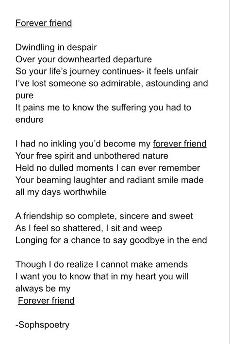 This is a quite beautiful poem which I wrote yesterday. It’s very sad and deep. It’s about losing a best friend. I know of someone who has and thought about that when writing this. This did make me cry. 😅❤️I hope u like it :) #sadpoetry #grief #poetry #poem #relatable #writer #writing Poetry About Losing A Friend, Losing Best Friend Quotes Deep, Losing A Best Friend, Losing Best Friend Quotes, Losing Friends Quotes, Lost Best Friend, Losing Your Best Friend, Beat Friends, Friend Scrapbook