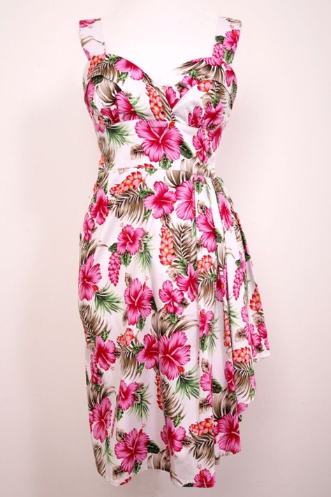 Made exclusively for Doghouse Vintage ,beautiful fabric and styling,Hawaiian Dress Taken from an original 1950s American pattern. White base with vibrant rich colour flowers in bright pink Draped front,ties at the side.shoulder straps can be crossed at the back if wanted. Long back zip. Elastic panels at the sides for comfort. Stunning dress and perfect styling for all sizes.stretchy fabric. Please see all photos as they form part of the description. Size 22 Hawaiian Dress Pattern, Vintage 1950s Dresses Parties, Dress Hawaiian Style, Polynesian Dress, Vintage Hawaiian Dress, Hawaiian Print Dress, Tiki Dress, American Pattern, Vintage 1950s Dresses