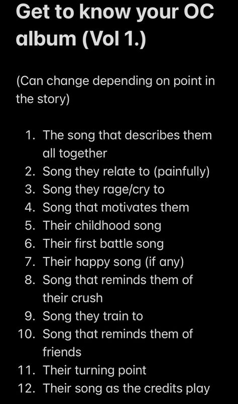 Playlist For Character, Playlist Character Challenge, Making A Playlist For Your Oc, Characters Based On Songs, How To Make A Playlist For Your Oc, Imagine Your Oc Writing Prompts, Making A Playlist For Someone, Create A Playlist For Your Oc, How To Make A Character Playlist