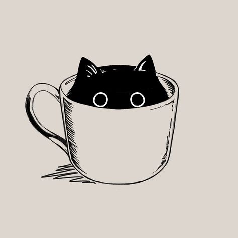 Cat In Coffee Cup Drawing, Cat In Coffee Cup Tattoo, Coffee Cat Tattoo, Cat Drinking Coffee Illustration, Cat Cafe Drawing, Black Cat Doodles, Trippy Tattoo Designs, Cat Coffee Art, Cat Drinking Coffee