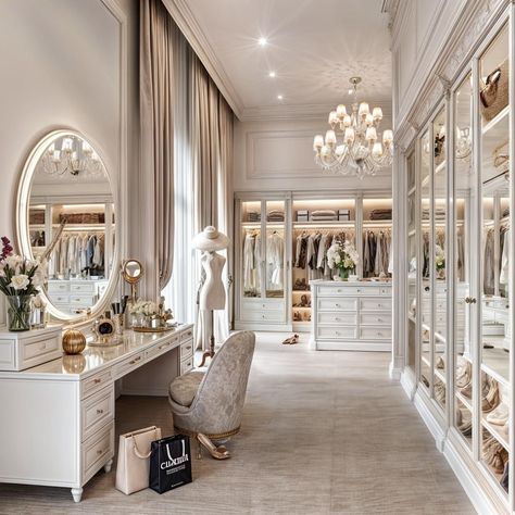 Closet Rich Aesthetic, Ruang Make Up, Home Beauty Room Ideas, Large Closet Room, Mansion Dressing Room, Dream Lounge Room, Two Floor Closet, Luxury Home Salon, Large Walk In Wardrobe