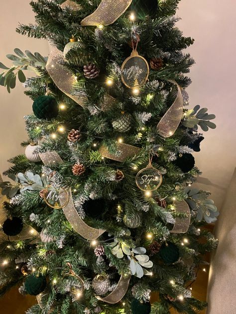 Green Velvet Ribbon Christmas Tree, Dark Green And Gold Christmas Tree, Green Velvet Christmas Decor, Green Ornaments Christmas Tree, Pencil Trees Decorating Ideas, Green And Gold Christmas Tree, Christmas Room Decor Ideas, Champagne Christmas Tree, Small Christmas Trees Decorated