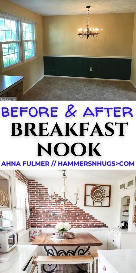 Check out this before and after breakfast nook with benches renovation including reclaimed brick accent walls, custom benches, and more! Tap on the pin for renovation inspiration and more with Ahna Fulmer // HammersNHugs.com. #breakfastnook #kitchen #breakfastnookideas #whitekitchen Brick Half Wall Over Beaded Board, Breakfast Nook Wall Ideas, Faux Brick Dining Room Wall, Under Island Wall Brick, Breakfast Nook Brick Wall, Diy Basement Decor, Reclaimed Brick Wall, French Country House Decor, Brick Wall Paper Kitchen