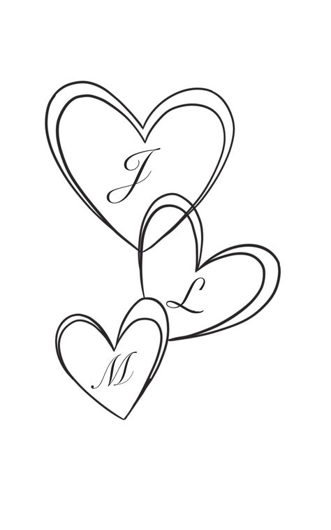 Heart Friendship Tattoos, Five Hearts Tattoo, Heart Tattoo With Initials, 3 Hearts Tattoo Ideas, 3 Person Tattoo, Family Initial Tattoo Ideas, Kids Initial Tattoos, Clay Valentine, Lace Sleeve Tattoos