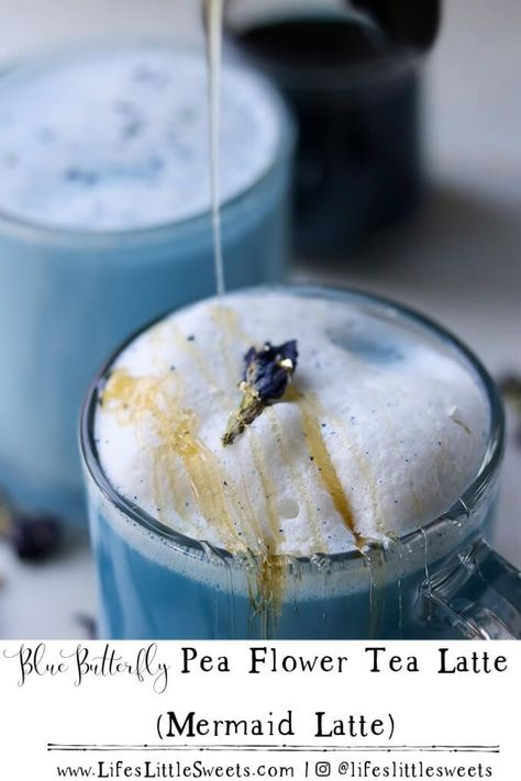 This Blue Butterfly Pea Flower Tea Latte (Mermaid Latte) has a gorgeous ocean blue color due to the blue butterfly pea flower tea. You can add steamed milk or half and half or substitute with a dairy-free/non-dairy milk option, if you wish. It is topped with honey, maple syrup or sweetener of your choice. (vegetarian/vegan option) #mermaidlatte #mermaidmilk #bluebutterflypeaflowertea #peaflowertea #tea #hottea #drinks Blue Peaflower Tea, Blue Butterfly Pea Flower Tea, Sweet Drinks Recipes, Blue Butterfly Pea Flower, Flower Recipe, Pea Flower Tea, Butterfly Pea Flowers, Cold Drinks Recipes, Blue Matcha