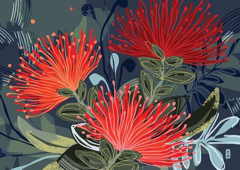 Pohutukawa Illustration, Pohutukawa Art, Nz Art, Hummingbird Art, Large Art Prints, Floral Artwork, Art And Illustration, Arte Floral, Flower Illustration