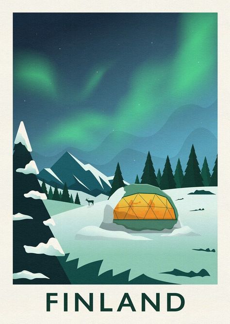 Finland Travel, Lapland Finland, Snowy Landscape, A Cabin, The Northern Lights, London Print, Dark Art Illustrations, Travel Illustration, Landscape Illustration