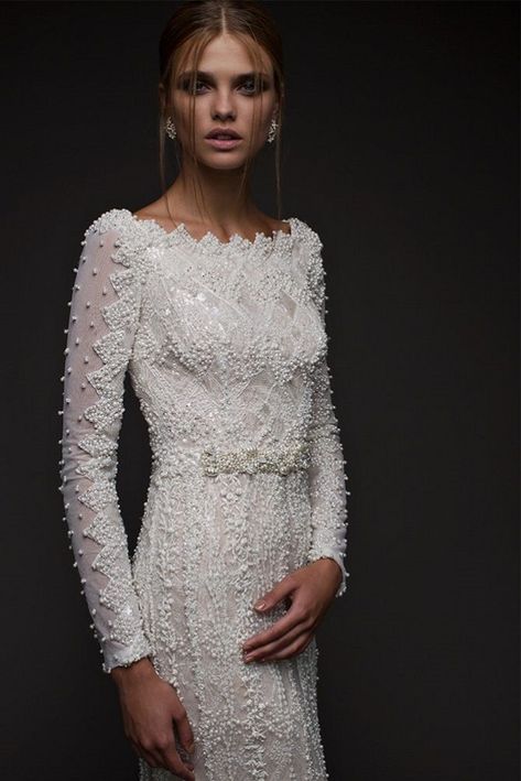 Ivory lace sheath gown with hand sewn pearl and sequin embroidery, zigzag pearl neckline – Wedding Dress : Chana Marelus Chana Marelus, Modest Wedding Gowns, Most Beautiful Wedding Dresses, Beautiful Wedding Gowns, Long Sleeve Wedding, Wedding Dress Sleeves, Modest Wedding Dresses, Perfect Wedding Dress, Wedding Dress Inspiration