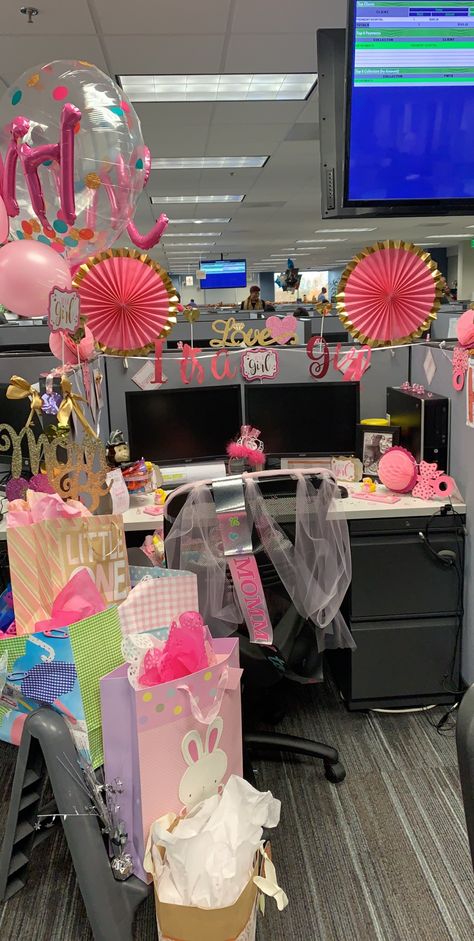 #workbabyshower #deskdecor #babygirl #pink Pink Office Cubicle Decor, Pink Cubicle Decor, Cubicle Birthday Decorations, Work Baby Showers, Office Baby Showers, Cubicle Decor Office, Pinterest Room, Corporate Baddie, Desk Decorations