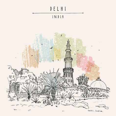 Vector Qutub Minar (Qutab Minar, Qutb Minar) hand drawn touristic postcard. New Delhi, India, Asia. Victory tower stock photography Qutab Minar, Qutb Minar, Qutub Minar, Indian Illustration, Kampot, City Drawing, Travel Postcard, Postcard Template, Travel Sketches