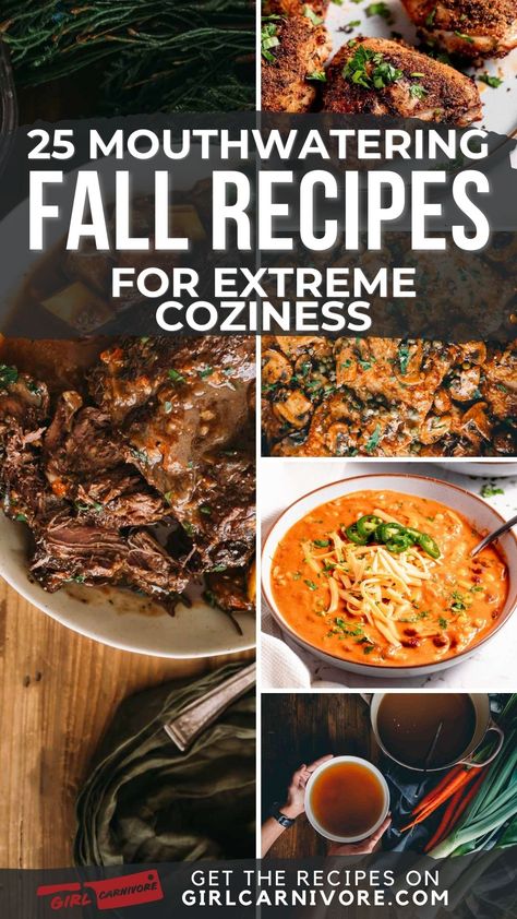 🍁 Fall in love with flavor! 🥘 Dive into our top 25 fall recipes that'll warm your soul and satisfy your cravings this autumn. From smoky roasts to hearty stews, we've got your seasonal menu covered. Trust the meat experts at GirlCarnivore to bring you the best dishes for those crisp fall days. Perfect for cozy nights in, game day parties, or impressing at holiday gatherings. Don't let fall pass you by without trying these incredible recipes! 🥩🍗🍖 #FallRecipes #ComfortFood #GirlCarnivore Canceling Plans, Best Fall Recipes, Pork Roast In Oven, Carnivore Recipes, Fall Fun Food, Roasted Pork Tenderloins, Chicken Chili Recipe, Pot Roast Recipes, Hearty Stews