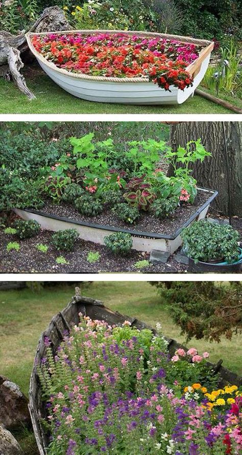 Use old boat for planter Old Boat Repurposed, Old Boats Ideas Yards, Boat Pond Ideas, Yard Planters, Outdoor Bridges, Beach House Landscaping, Beach House Garden, Wheelbarrow Garden, Diy Garden Fountains