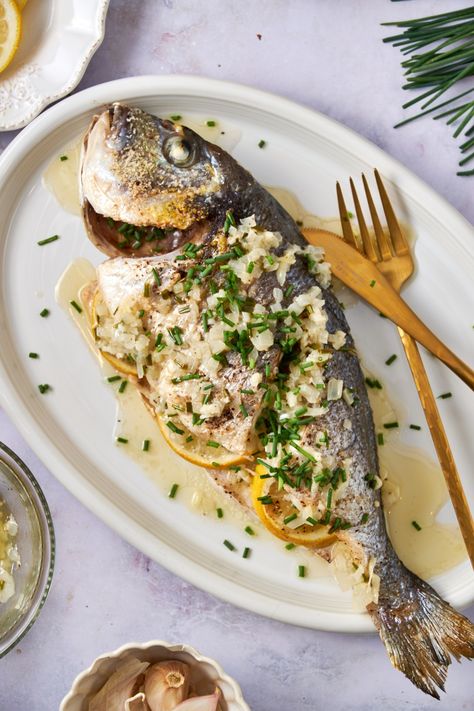 Easy 30 Minute Whole Roasted Branzino Recipe Baked Branzino Recipe, Branzino Recipe Whole Grilled, Whole Branzino Recipe, Roasted Branzino Recipe, Whole Branzino, Whole Fish Recipes Branzino, Branzino Recipe, Pan Fried Tilapia, Lemon Butter Sauce