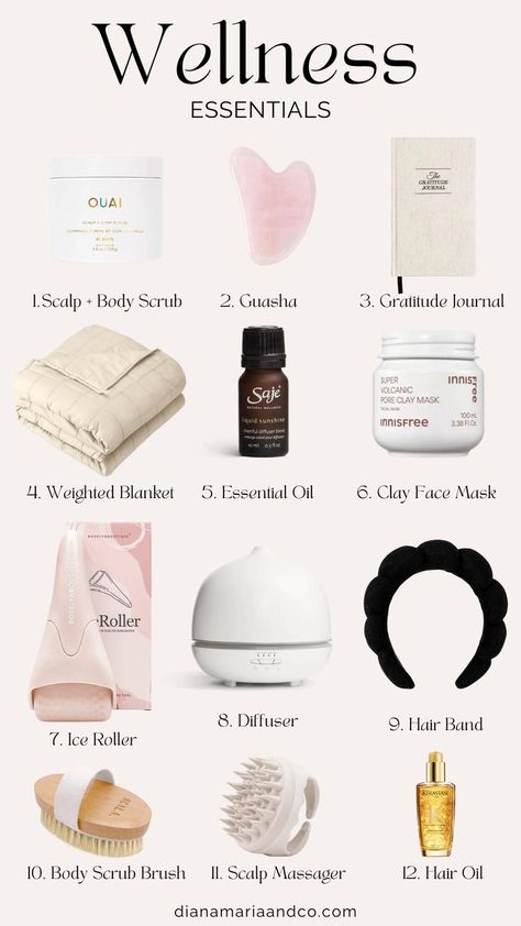 I am obsessed with these wellness essentials and use them whenever I have a self-care day to pamper myself. There are so many must-haves on this list! Sunday Self Care Ideas, Body Care List, Self Care Items Beauty Products, Reset Day Checklist, That Girl Essentials, How To Look Clean, Wellness Wishlist, Clean Girl Tips, Glow Up Products