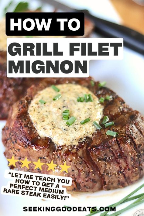 Let me teach you how to grill a filet mignon to perfection every time! Achieve the perfect medium rare filet that is juicy, tender, and super easy to do. Pair with your favorite sides and make my easy herb butter to top your steak for a luxurious finish. The perfect low-carb, high-protein meal any night of the week! Grilling Filet Mignon, Kitchen Swagger, Filet Mignon Recipe, Herb Butter Recipe, Rosemary Salt, Mignon Steak, Filet Mignon Recipes, Filet Mignon Steak, Tenderloin Steak