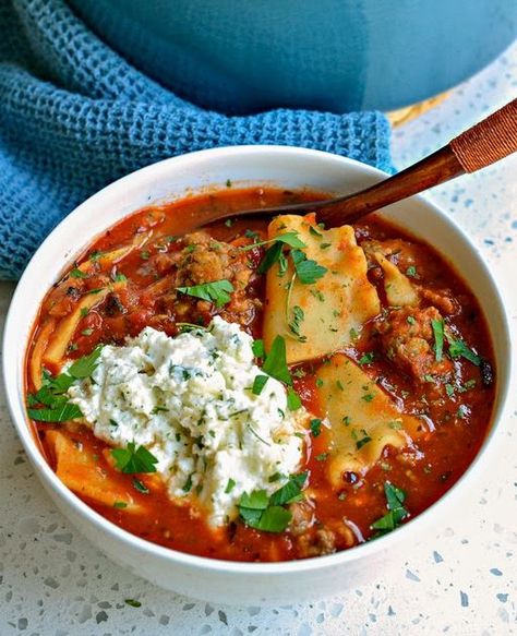 Lasagna With Ricotta Cheese, Lasagna With Ricotta, Easy Lasagna Soup, Italian Lasagna, Small Town Woman, Lasagna Soup Recipe, Leftovers Soup, Homemade Lasagna, Lasagna Soup