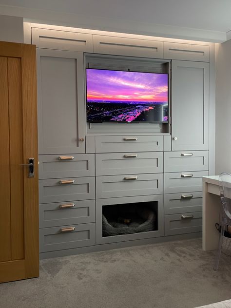 Wall Closet Ideas Bedroom With Tv, Built In Wardrobe With Desk And Tv, Custom Bedroom Cabinets, Built In Wall Dresser, Built In Wardrobe Drawers, Klearvue Cabinets Closet, Bedroom Media Wall Wardrobes, Fitted Wardrobe Ideas With Tv, Bedroom Wall Units Built Ins Master Closet