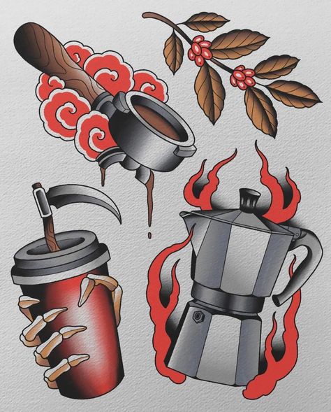 Traditional Old School Tattoos’s Instagram post: “What would you choose?🔥🔥🔥 Who: @jerryjames_tattoos Where:📍Cape Town, South Africa 🇿🇦 ... ... ... ... #traditionalartist…” Usa Traditional Tattoo, Chef Tattoo Traditional, Old School Coffee Tattoo, American Traditional Coffee Tattoo, American Traditional Tarot Card Tattoo, Traditional Food Tattoo, Traditional Old School Tattoo Flash, Traditional Coffee Tattoo, Coffee Tattoo Ideas