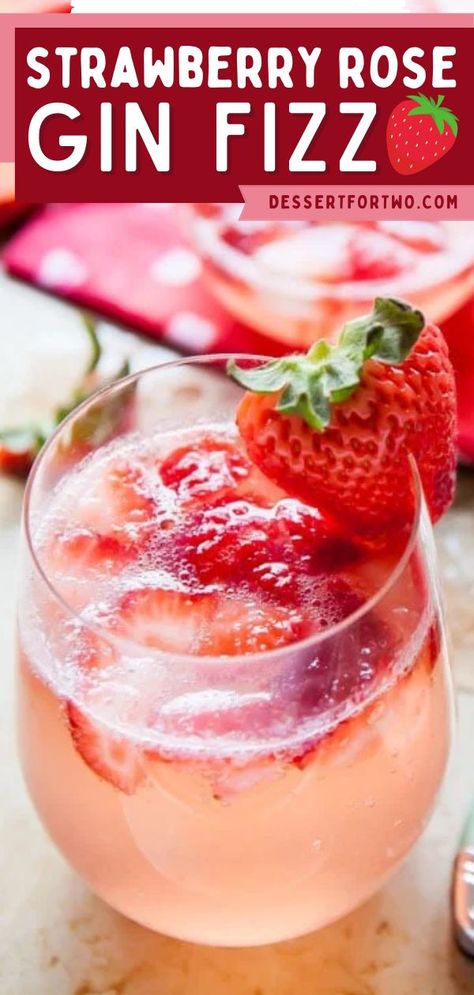 Strawberry Rose Gin Fizz, summer drinks for two, easy cocktail recipes Easy Cocktail Recipe, Gin Fizz Cocktail, Strawberry Gin, Light Summer Meals, Fizz Cocktail, Strawberry Rose, Easy Meals For Two, Strawberry Roses, Gin Cocktail Recipes