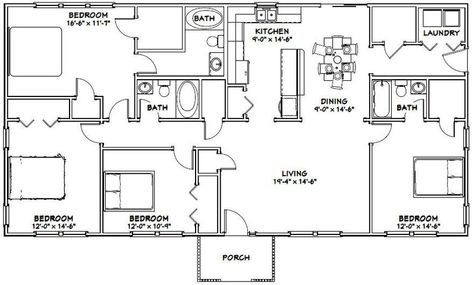 3 Bathroom House Plans, Four Bedroom House Plans, Barn Homes Floor Plans, House Plans One Story, 4 Bedroom House Plans, Small House Floor Plans, Floor Plan 4 Bedroom, Shed Plan, Barndominium Floor Plans