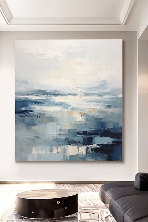 Original handmade oil painting of a serene seascape with misty blue ocean and white sky, reflecting tranquil coastal atmosphere Blue And White Palette, Misty Ocean, Ocean Oil Painting, Seascapes Art, Ocean Horizon, White Palette, Coastal Elegance, Handmade Artwork, Handmade Oil