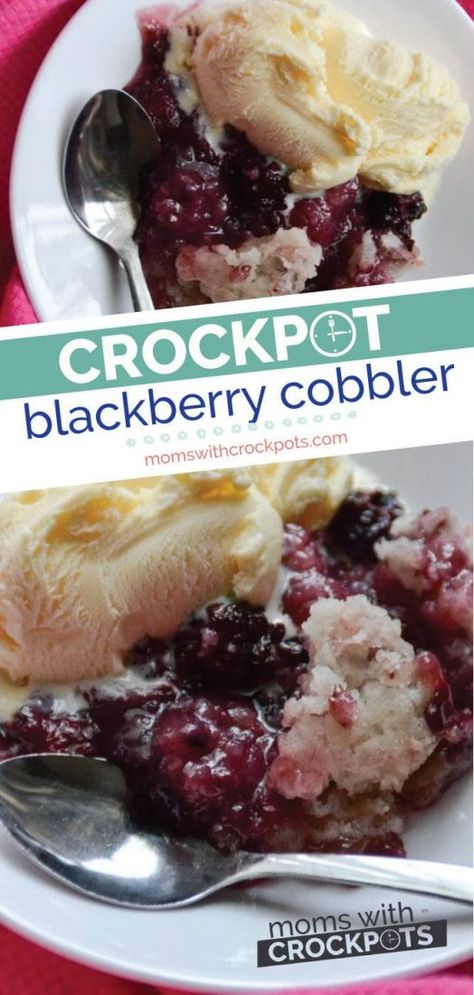 You can't go wrong with this simple Crockpot Blackberry Cobbler Recipe! So easy and comes out amazing! Plus gluten free & dairy free variations. Crock Pot Blackberry Cobbler, Cake Mix Blackberry Cobbler, Blackberry Cobbler Crockpot, Blackberry Cobbler With Cake Mix Easy, Crockpot Cobbler, Crockpot Peach Cobbler, Chocolate Crackle Cookies, Crockpot Dessert, Crockpot Desserts