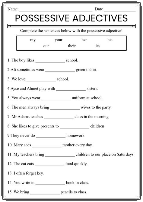 Possessive Adjectives Worksheets, Nouns Exercises, Spanish Reflexive Verbs, Personal Pronouns Worksheets, Verbs In Spanish, Nouns Activities, English Homework, Spanish Sentences, Possessive Adjectives