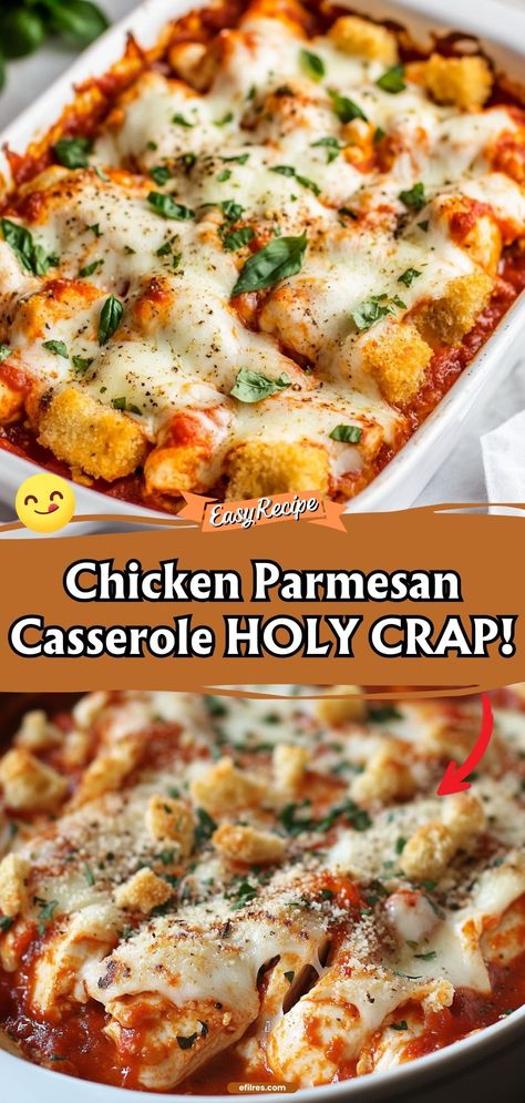 This Chicken Parmesan Casserole brings all the classic flavors of your favorite Italian dish in a hearty casserole form. Cheesy, saucy, and topped with crispy breadcrumbs, it’s so good it’ll make you exclaim, "Holy crap!" #ChickenParmesan #CasseroleLove #ItalianDinner Chicken Parmesan Casserole 12 Tomatoes, Italian Chicken Bake Casserole, Parm Chicken Casserole, Parmesan Crusted Chicken Casserole, Chicken And Crescent Rolls Casserole, Chicken Parmesan Casserole Easy, Chicken Parm Casserole Recipes, Italian Chicken Pasta Casserole, Chicken Parmigiana Casserole