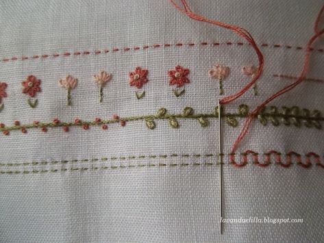 This site has lots of pretty floral edgings and letters. Great for inspiration on how to use different types of stitches. Sulaman Pita, Pola Sulam, Needlework Embroidery, 자수 디자인, Quilt Stitching, Embroidery Inspiration, Embroidery Tutorials, Ribbon Embroidery, Embroidery Techniques