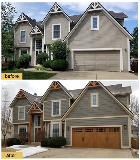 A better first impression! A new Clopay wood-look carriage house garage door matches the stain color of the cedar gables and porch columns, to give this 1990s family house a hint of Craftsman charm. Door shown: Canyon Ridge Collection Ultra-Grain Series. Sw Iron Ore, Brown Garage Door, Cedar Garage Door, Faux Wood Garage Door, Carriage House Garage Doors, Garage Door House, Tan House, Carriage House Garage, Wood Garage