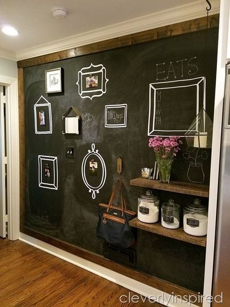 21 of The Best Ways to Decorate Kitchen Walls on a Budget - Life on Kaydeross Creek Chalkboard Gallery Wall, Green Gold Office, Kitchen Chalkboard Wall, Chalkboard Paint Kitchen, Wall Blackboard, Chalkboard Wall Kitchen, Kitchen Blackboard, Blackboard Ideas, Calendar Decal