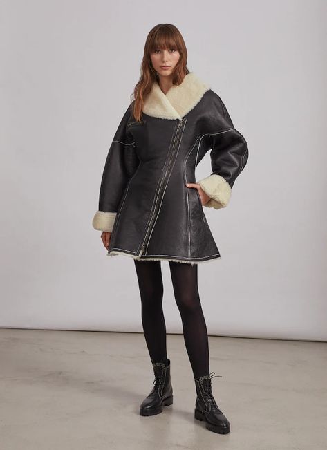 Alaïa Edition 1987 Flared coat in leather and shearling Alaia 1987 Shearling Coat, Alaia Jacket, Money Aesthetics, Ladies Coat Design, The Aviator, Jackets Denim, Aviator Jacket, Designer Coats, Womens Coats