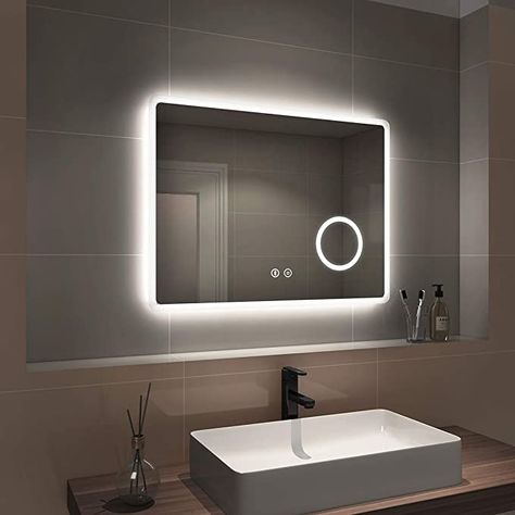 EMKE LED Bathroom Mirror Illuminated Wall Bluetooth Mirror 800 x 600mm Touch Switch + Demister Pad + Shaver Socket + 3X Magnifying Mirror, Horizontal : Amazon.co.uk: Home & Kitchen Bluetooth Mirror, Small Bathroom Mirrors, Led Bathroom Mirror, Bathroom Mirror Lights, Mirror With Led Lights, Led Bathroom, Magnifying Mirror, Led Mirror Bathroom, Touch Switch