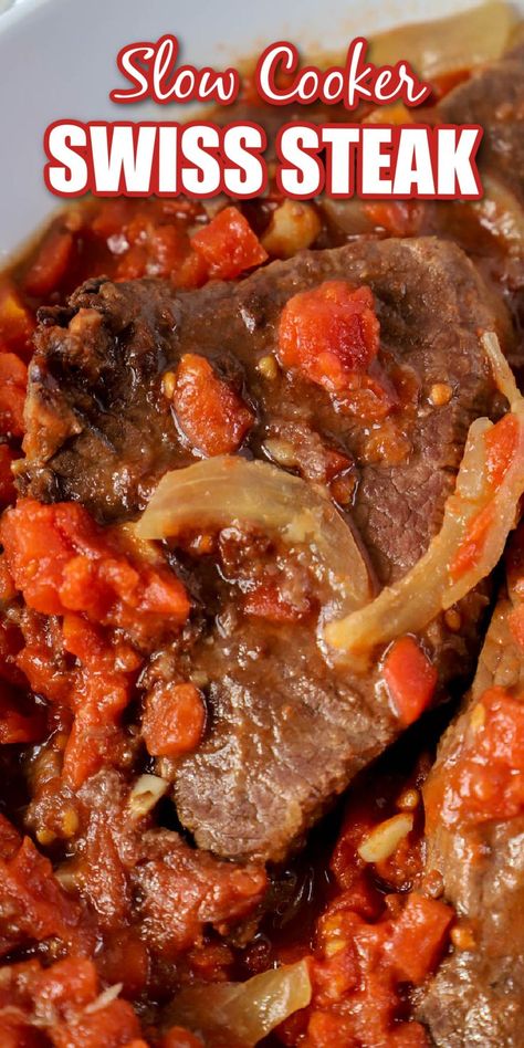 Swiss Steak Crockpot, Slow Cooker Swiss Steak, Top Round Steak Recipes, Crockpot Steak Recipes, Beef Round Steak, Easy Roasted Vegetables, Round Steak Recipes, Slow Cooker Steak, Crockpot Steak