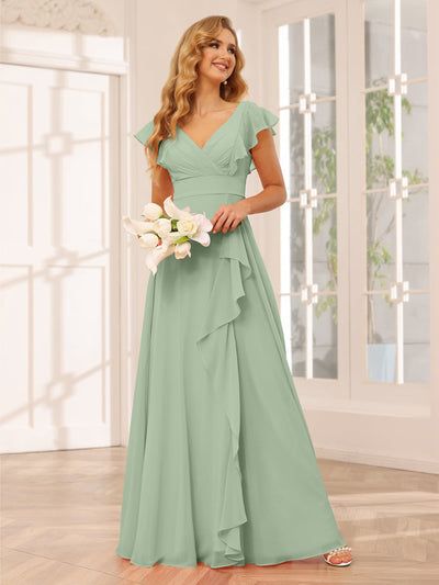 Sage Bridesmaid Dresses Green | Under $100, All Sizes | Lavetir Bridesmaid Dresses With Sleeves Long, Dresses With Ruffles, Sage Green Bridesmaid Dress, Bridesmaid Dresses With Sleeves, Dusty Blue Bridesmaid Dresses, Bridesmaid Dresses Long Chiffon, Modest Bridesmaid Dresses, Party Dresses Online, Green Bridesmaid