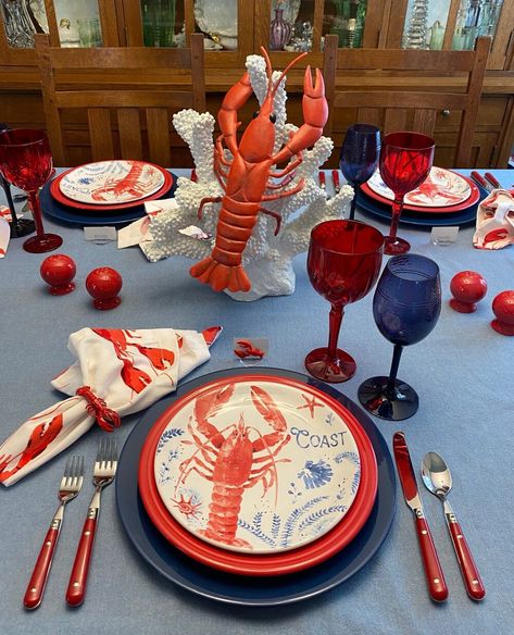 Lobster for Dinner? Definitely! Red lobsters tablescape, table setting, ocean, beach, sea creatures, shellfish, red, white, and blue, summer, more information about everything on this table in my blog post about it: https://www.whispersoftheheart.com/blog/2020/5/27/lobsters-for-dinner-definitely Small Jam Jars, Dinner Tablescape, Whispers Of The Heart, Red Lobsters, Tablescapes Summer, Whisper Of The Heart, Special Dishes, Summer Table Settings, Vintage Napkin Rings