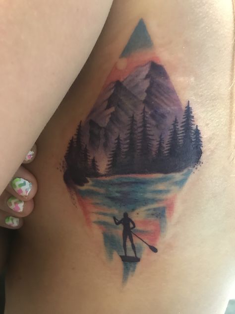 Watercolor mountain tattoo with paddle board Mountain Tattoo Ideas, Watercolor Mountains Tattoo, Scenery Tattoo, Mountain Tattoos, Air Tattoo, Shell Tattoos, Sunset Tattoos, Summer Tattoo, Beach Tattoo