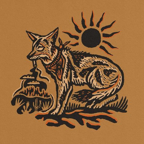 Rayco Design | Headed to see Colter Wall and couldn’t help but feel the inspo🌵 • • • #coyoteillustration #coyote #outdoordesign #coyotechewinonacigarette … | Instagram Coyote Drawing, Colter Wall, Coyote Tattoo, Z Tattoo, Boxing Posters, Western Artwork, Western Tattoos, Lino Art, Canine Art