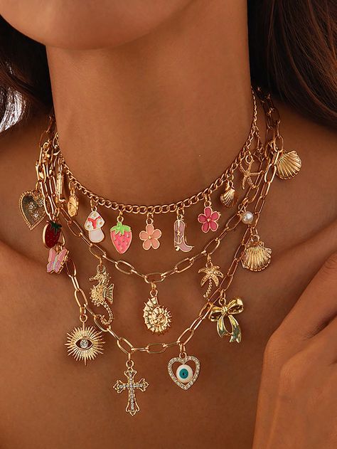 1pc Exquisite Cowgirl Charm Necklace Gold Color Conch Shell Bow Cowboy Boot Devil's Eyes Charm Choker Boho Fashion Flowers Strawberries Jewelry Gift Gold Fashionable   Zinc Alloy     Women Fashion Jewelry, size features are:Bust: ,Length: ,Sleeve Length: Strawberry Jewelry, Fashion Flowers, Boho Choker, Gold Charm Necklace, Bow Knot, Metal Flower, Conch Shell, Metal Flowers, Flower Fashion