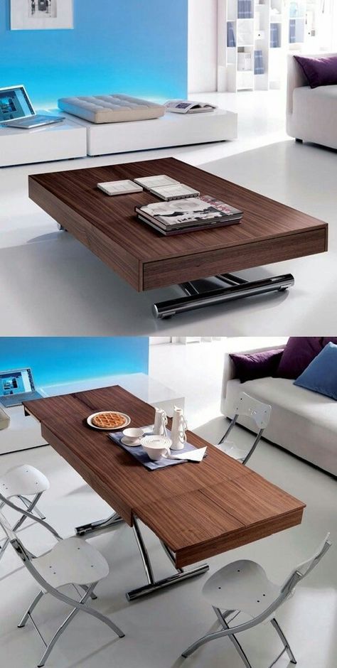 Coffee Table Convert To Dining Table, Adjustable Height Coffee Table, Furnitur Ruang Keluarga, Resource Furniture, Micro Apartment, Transforming Furniture, Convertible Furniture, Small Room Design, Furniture Layout