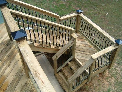 Stairs with a landing that turn and end on the patio below Deck Stairs With Landing, Deck Stairs Landing, Stairs Landing Design, Stairs With Landing, Deck Staircase, Deck Stair Railing, Front Stairs, Deck Privacy, Deck Steps