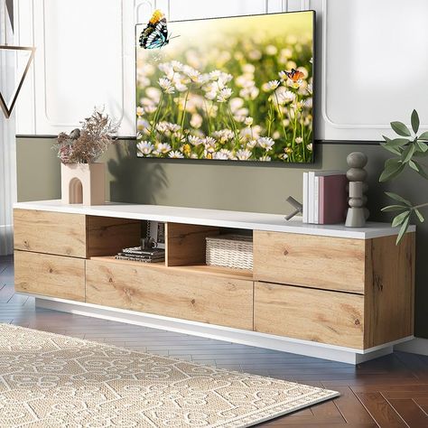 Amazon.com: Modern TV Stand for 75 Inch TV, Contemporary Entertainment Center with Storage Cabinet, Media TV Console for Living Room, with Door Rebound Device, 2 Cable Management Holes, Oak & White : Home & Kitchen Entertainment Center Decor Apartment, Boho Living Room Tv Stands, Living Room With Door, Tv Stand Inspiration, Rustic Tv Unit, Living Room Tv Cabinet Designs, Console For Living Room, Tv Stand Modern Design, Long Tv Stand