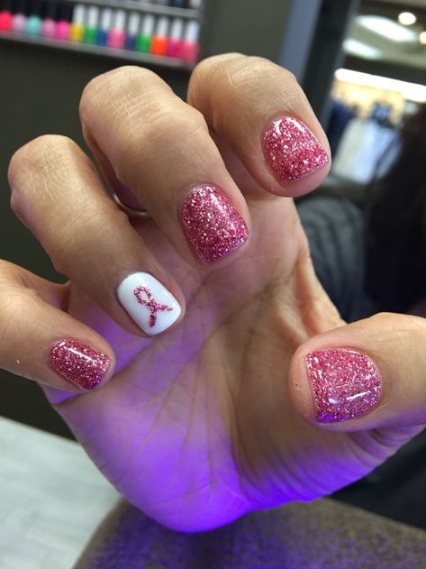 Nail Designs For Cancers, October Breast Awareness Month Nails, October Breast Awareness Nails, Pink Ribbon Nails October, October Short Nails, Pink Breast Awareness Nails Design, October Pink Nails, Nails For Cancers, Breast Awareness Nails