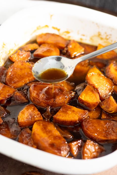 Candied Sweet Potatoes are a classic holiday side featuring tender sweet potatoes baked in a buttery, spiced brown sugar sauce until it crystallizes and leaves a delicate, crispy, sweet candy coating on each sweet potato bite. Classic Candied Sweet Potatoes, Baked Diced Sweet Potatoes, Sweet Potato Recipes With Brown Sugar, Brown Sugar Roasted Sweet Potatoes, Traditional Sweet Potatoes, Candied Sweet Potato And Bacon Skewers, Healthy Candied Yams, Sweet Potato Brown Sugar Recipes, Easy Sweet Potato Side Dishes